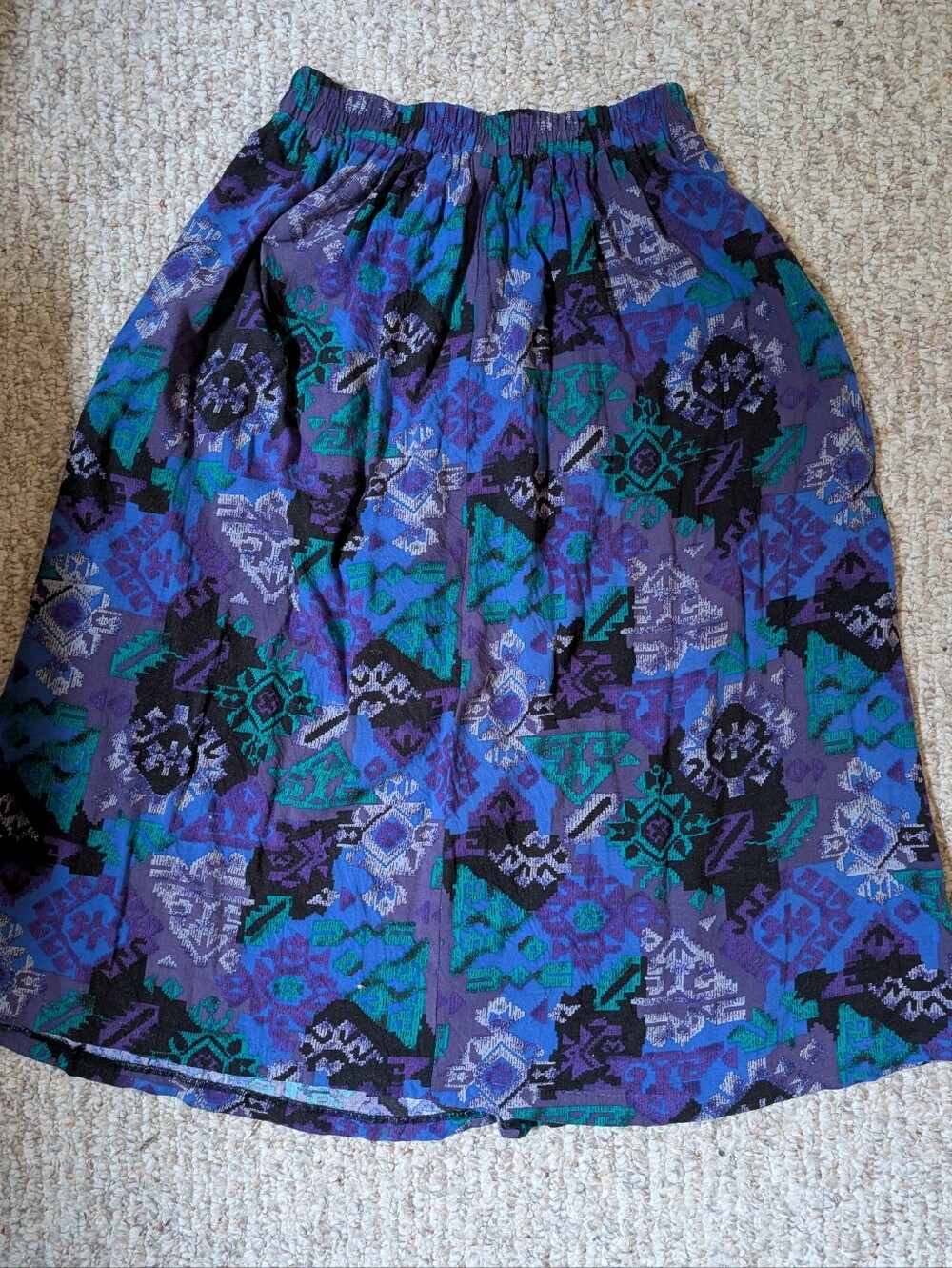 Women's Geometric Purple & Teal Patterned Elastic-Waist Skirt, Size Small